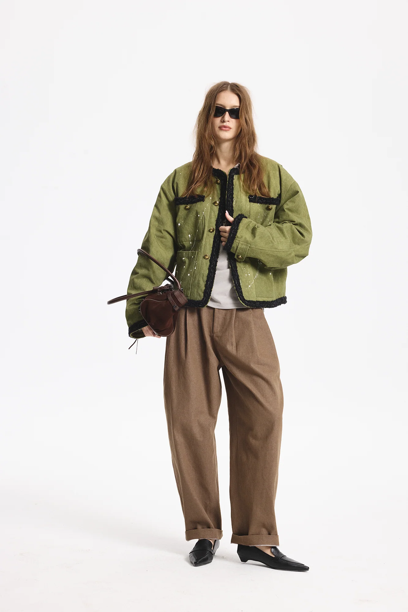 LEONSENSE Paneled Fleece Trim Paint-Splattered Jacket