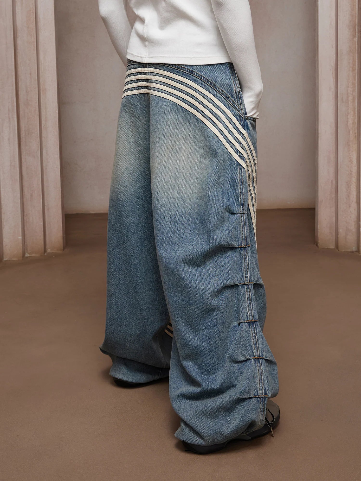 DND4DES Washed Ruched Striped Baggy Jeans