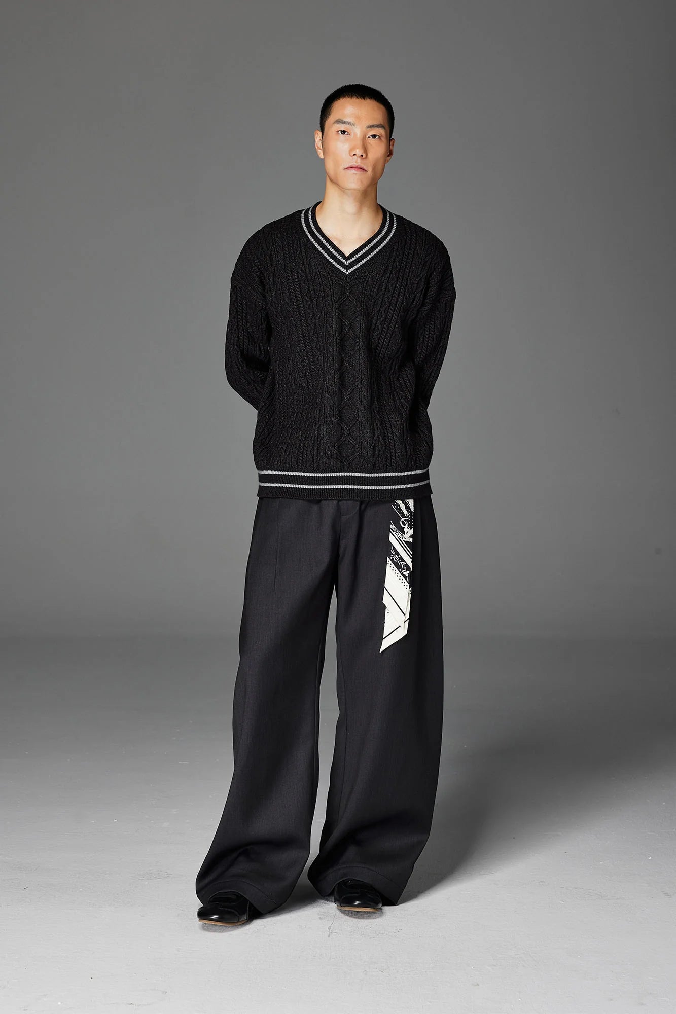 CATSSTAC Varsity V-Neck Cable-Knit Sweater