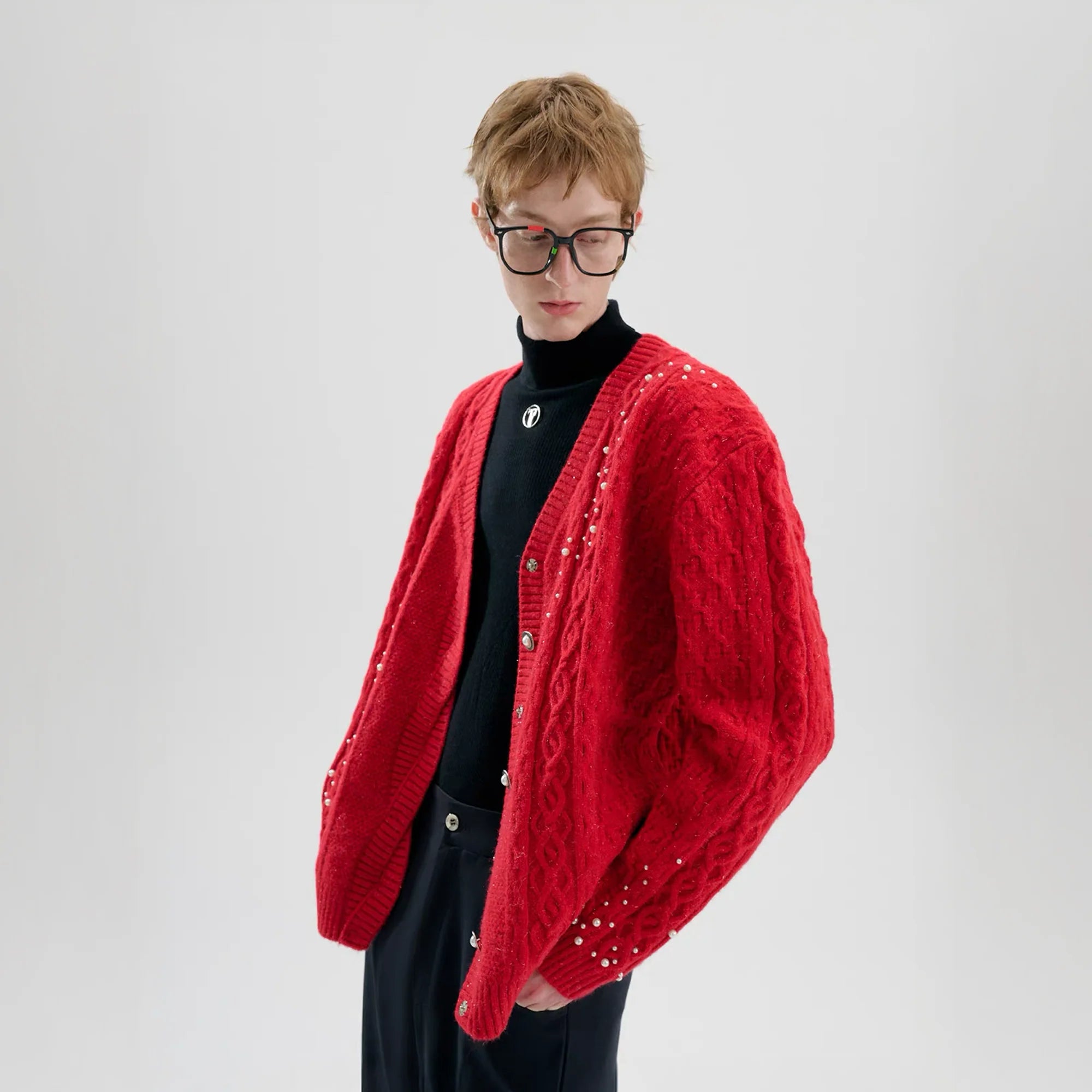 TIWILLTANG Pearl-Embellished Cable Knit Cardigan