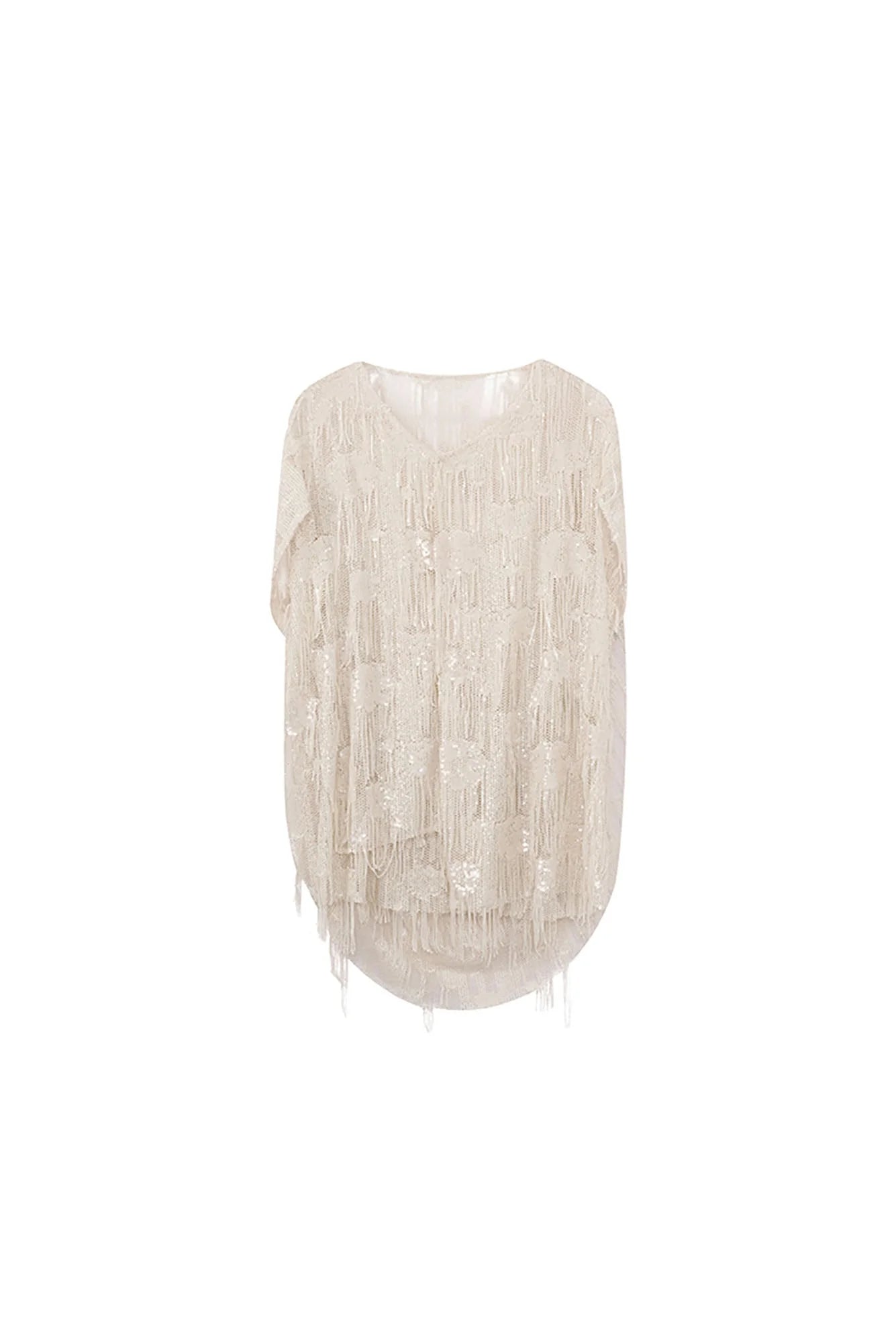 JIECHI Fringed Sequin Embroidered Hooded Poncho