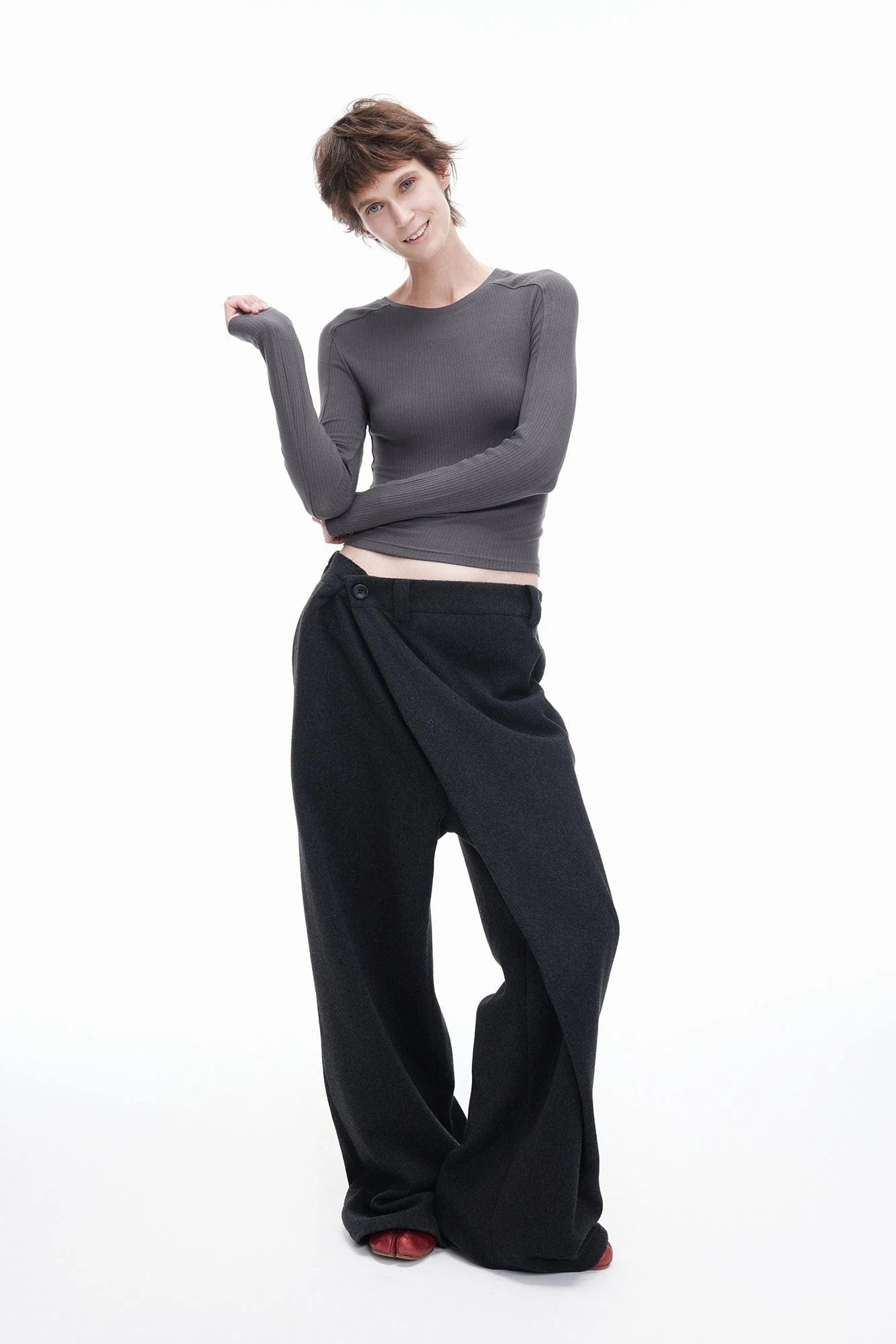 ARTIFICIAL WORLD Asymmetrical Overlay Wool Wide-Leg Pants
