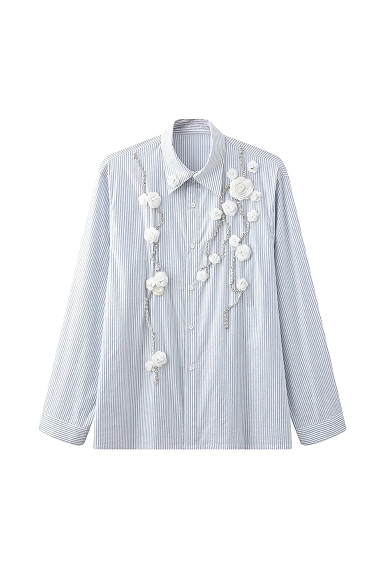 JIECHI Vine Rose Embroidered Striped Shirt
