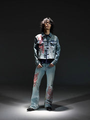 NOTHINGNESS WORLD Distressed Stamp-Print Flare Jeans