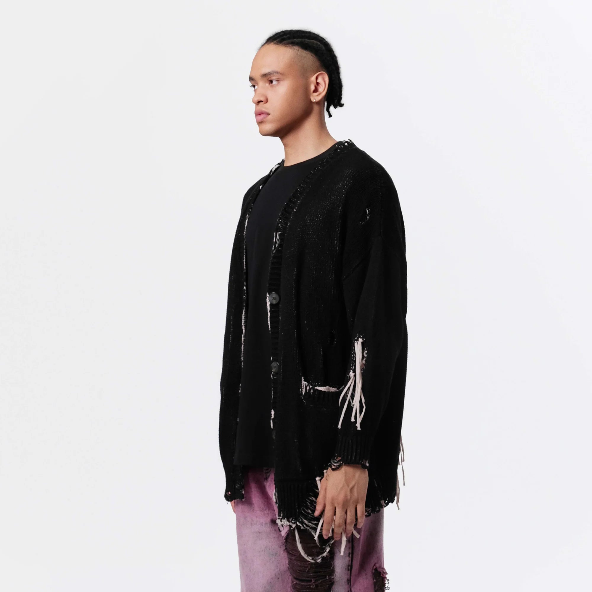 VANN VALRENCE Distressed Frayed Spray V-Neck Cardigan
