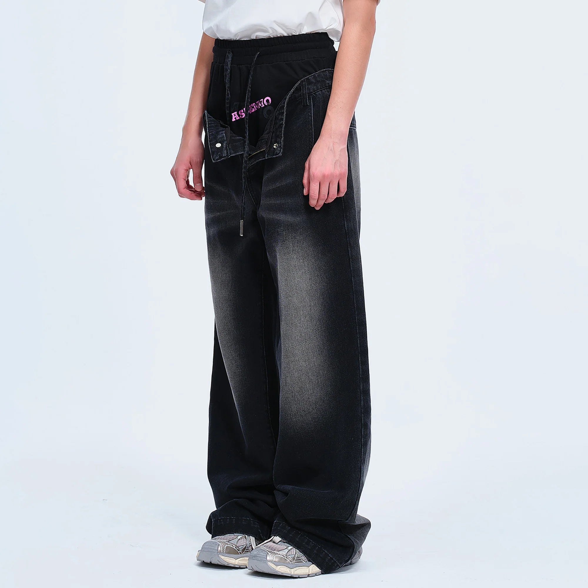 TIWILLTANG Layered Sweatband Washed Denim Pants