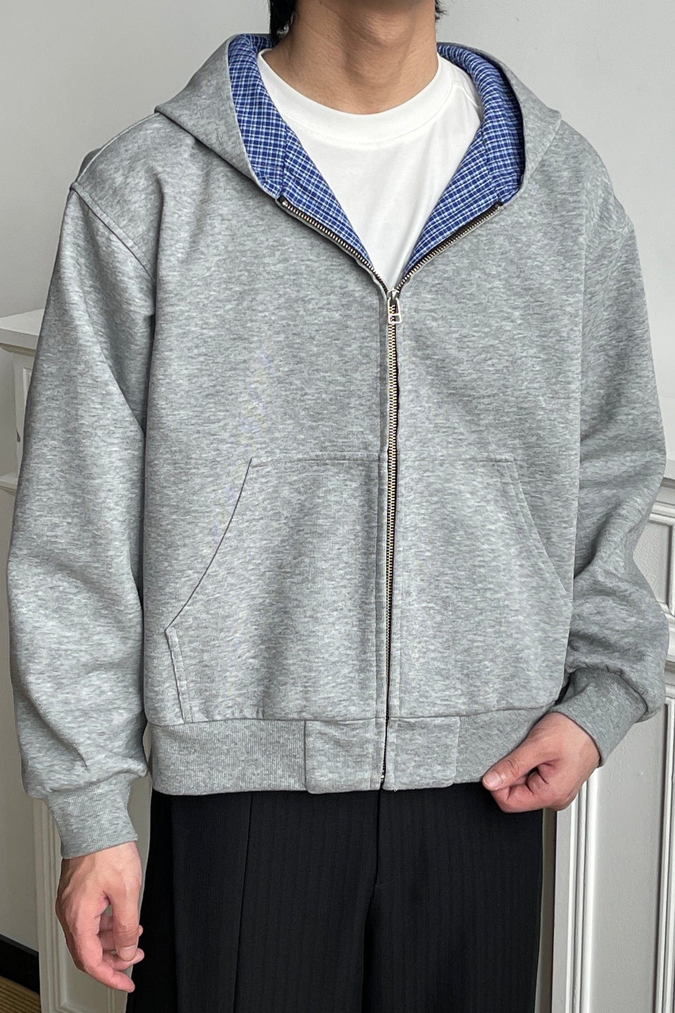 OKAYTHXBYE Houndstooth-Lined Zip-Up Hooded Jacket