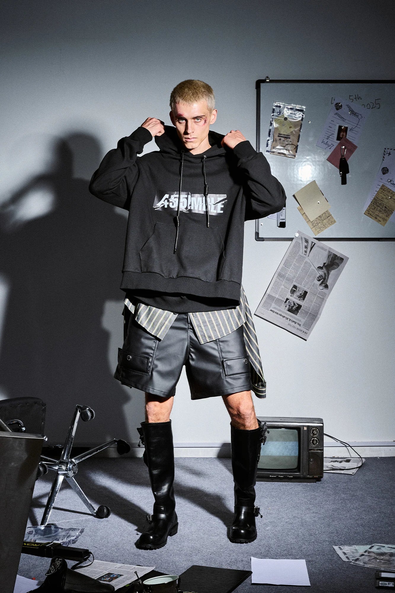 455EMBLE Deconstructed Layered Stripes Shirt-Paneled Hoodie