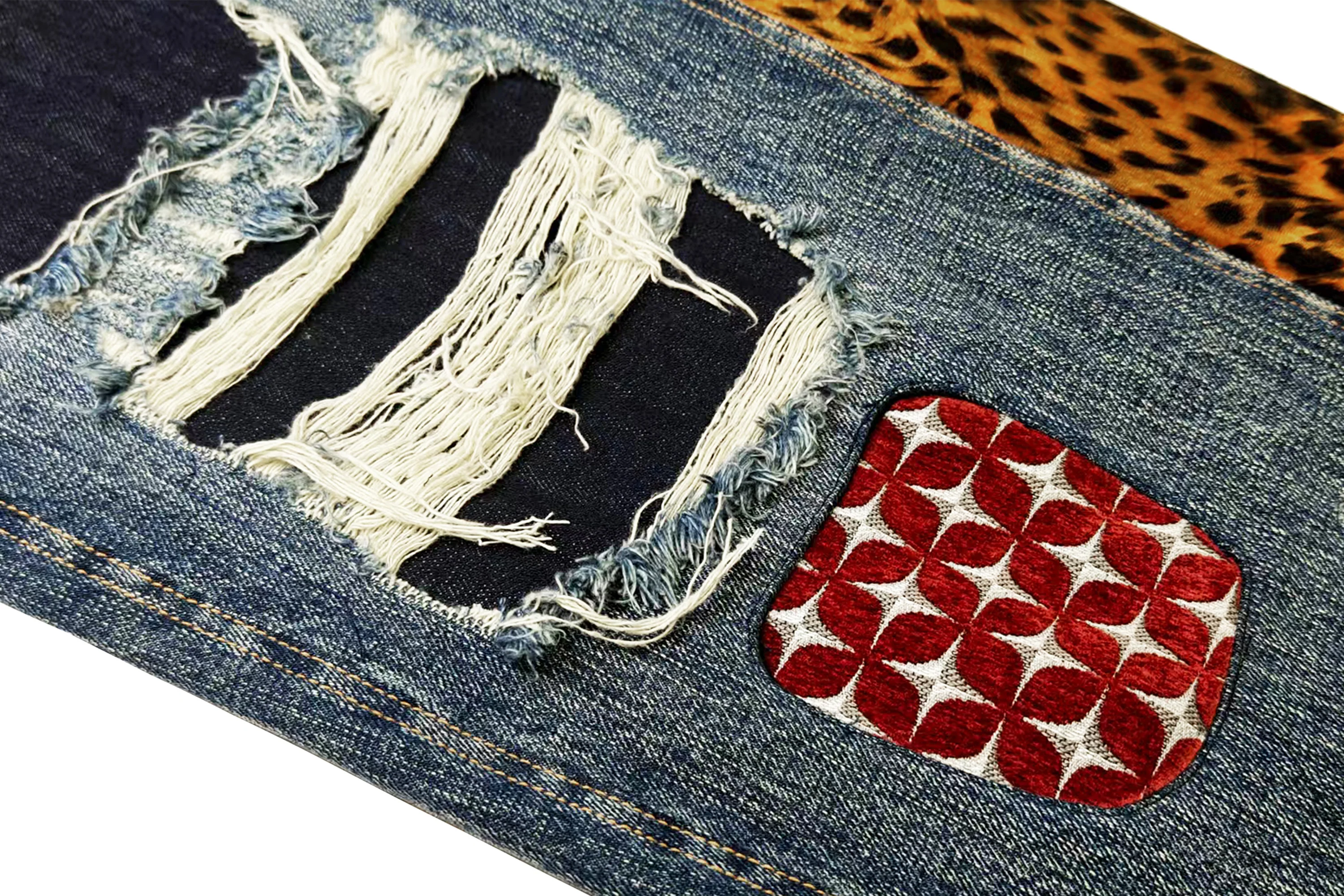 FACEONLAB Distressed Patch Leopard Paneled Jeans