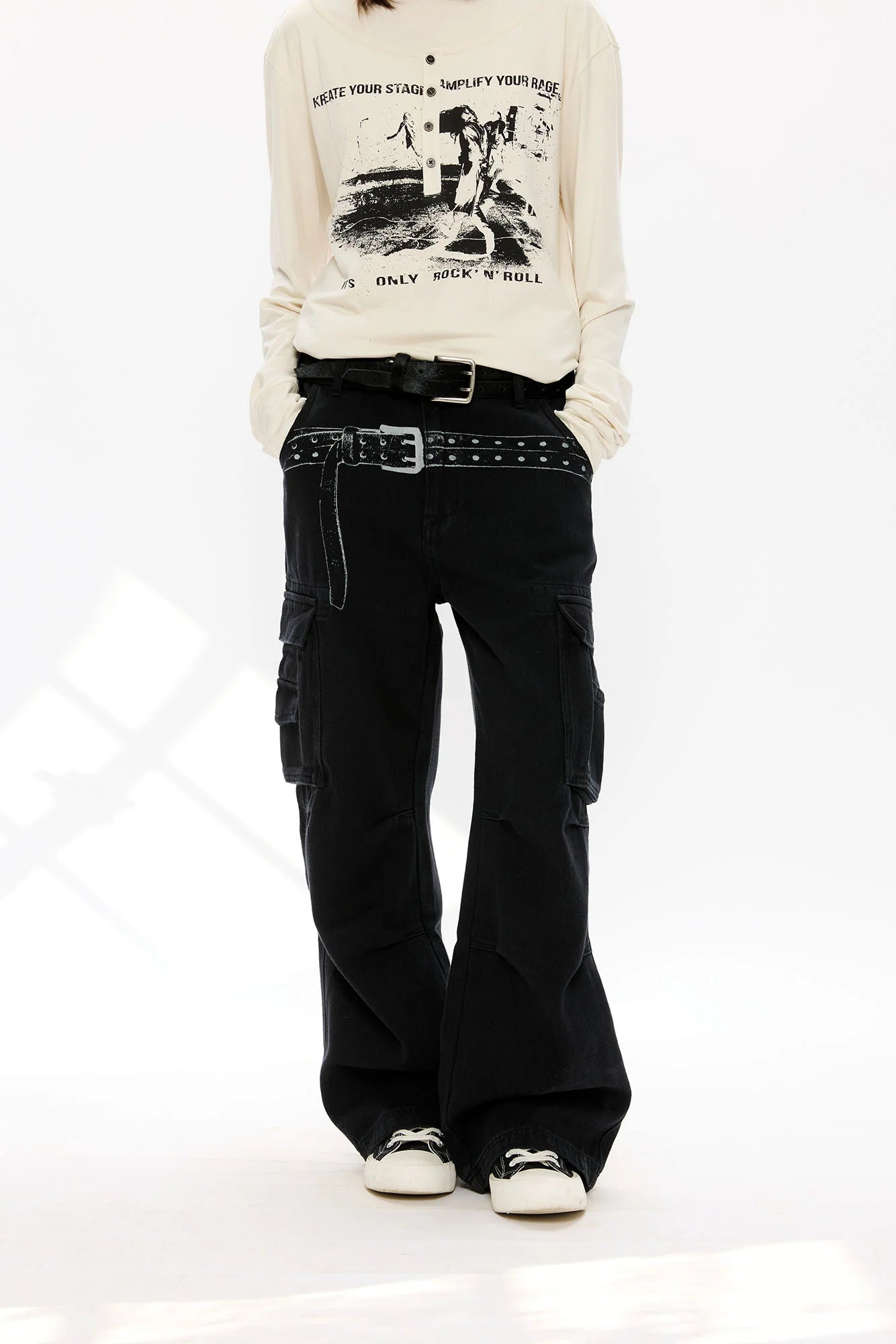 KREATE Washed Belt Graphic Crinkled Cargo Pants