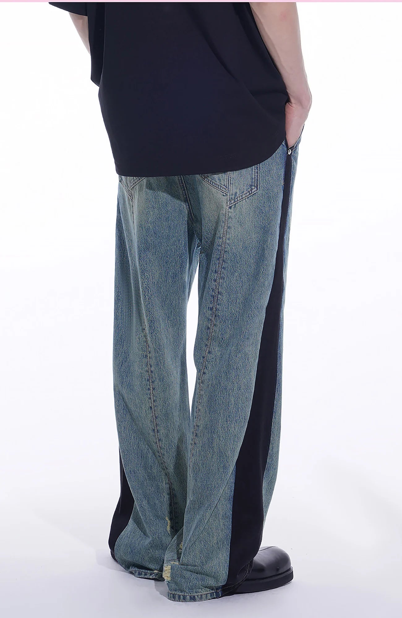 TIWILLTANG Distressed Contrast Paneled Wide-Leg Jeans