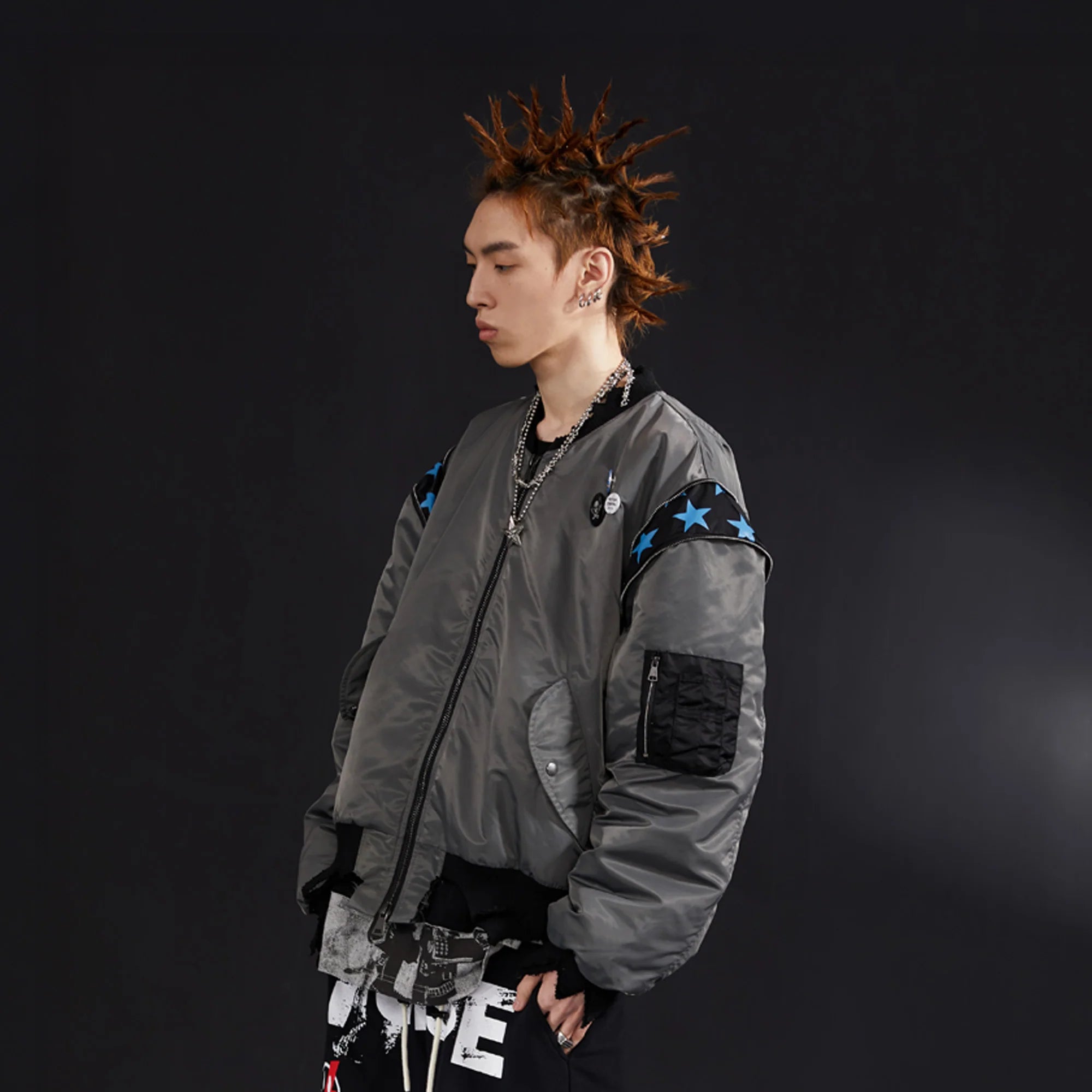 VENTUREK Retro Zipper-Spliced Raw Edge Bomber Jacket