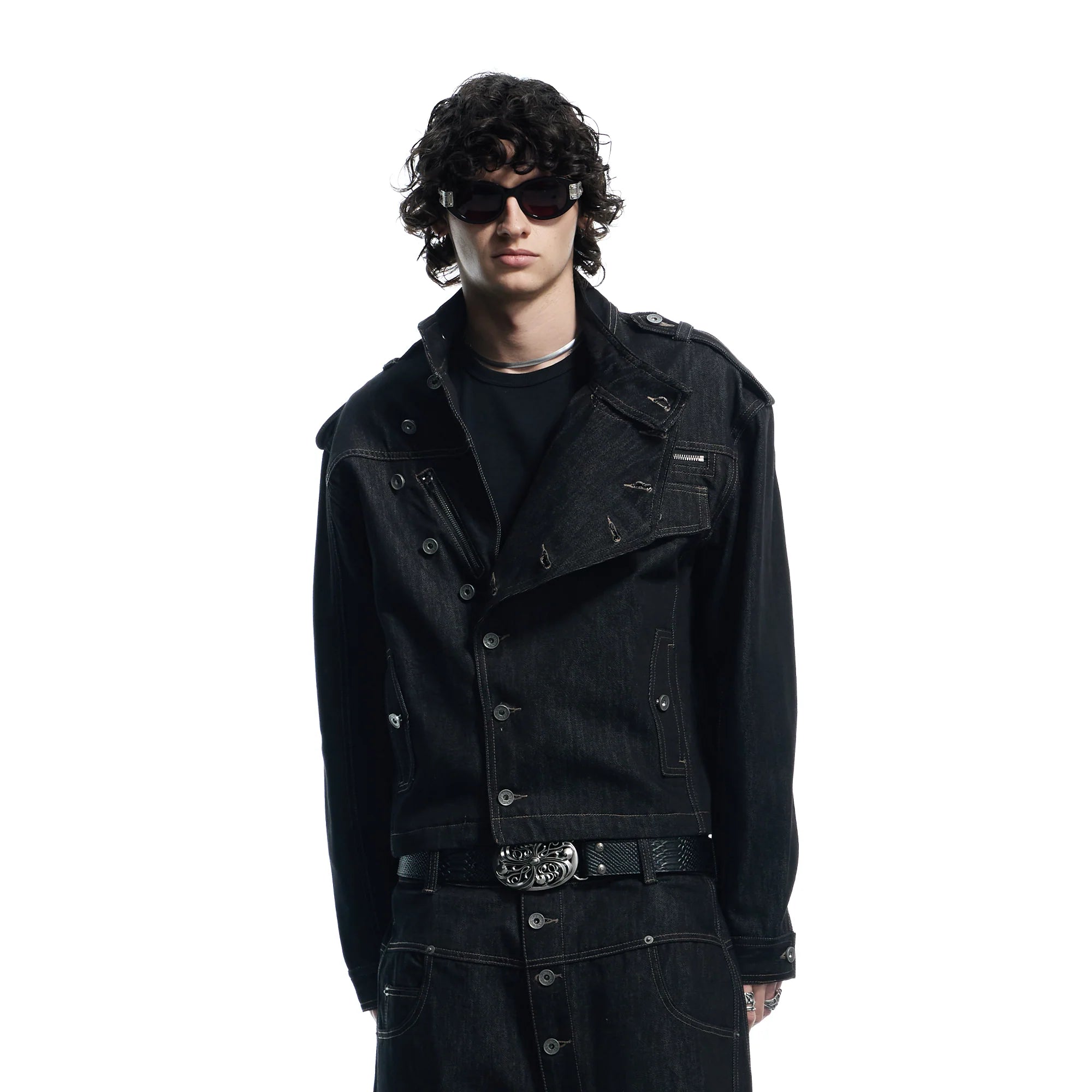 DND4DES Asymmetric Button Stand Collar Raw Denim Jacket