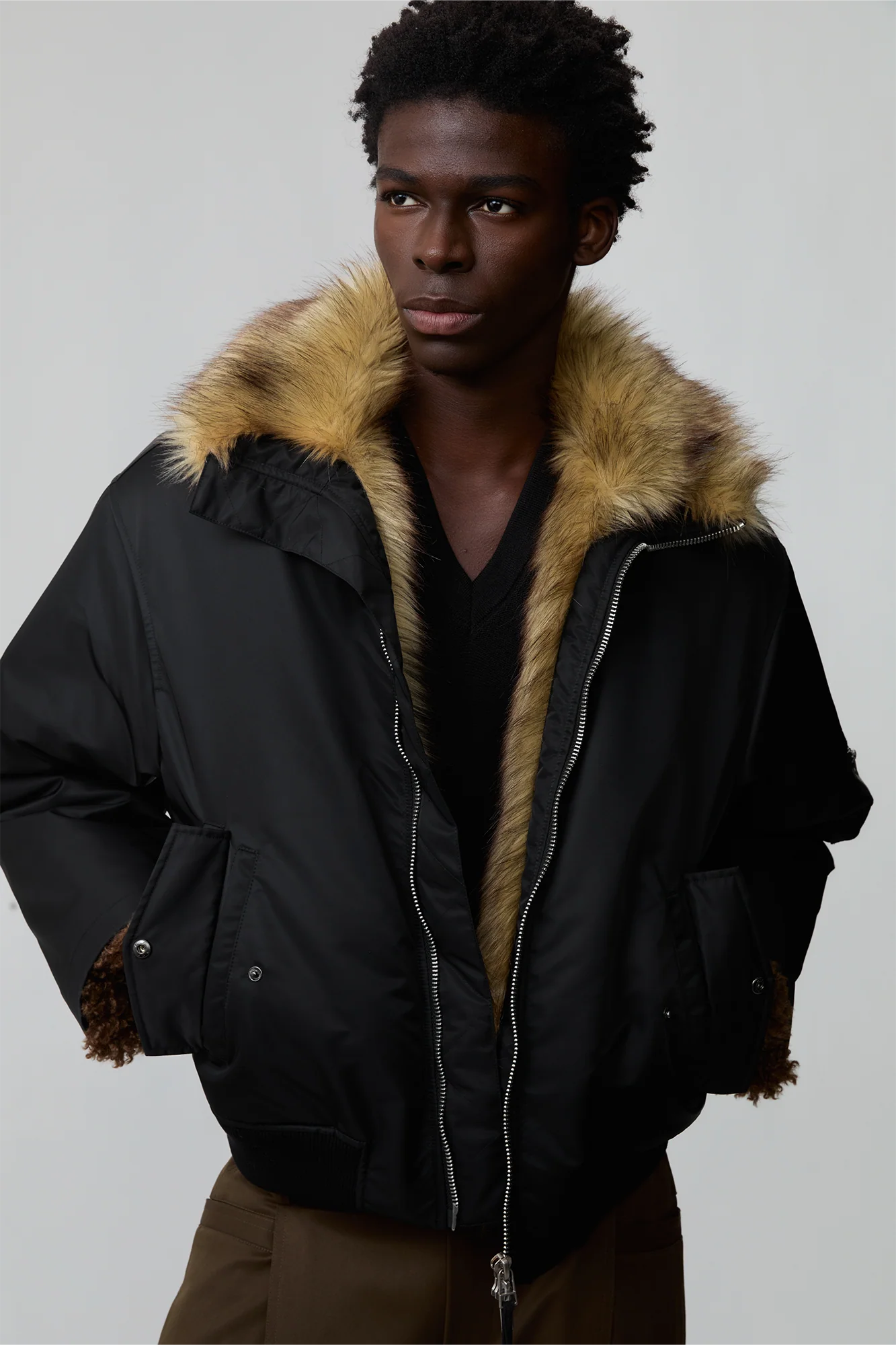 OPICLOTH Faux Fur-Lined Spliced Bomber Jacket