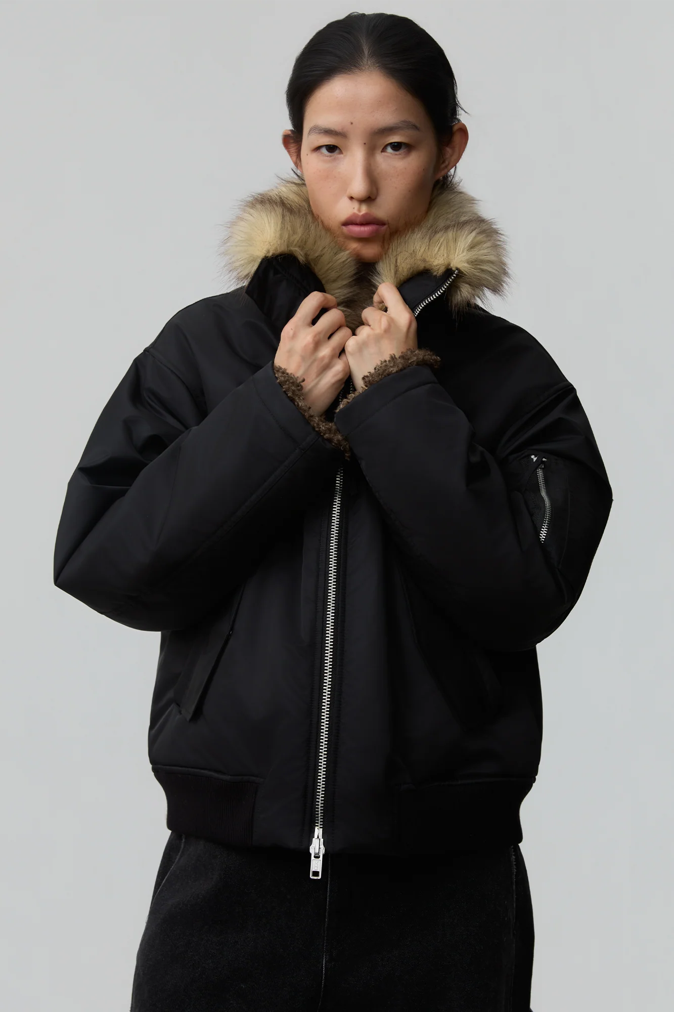 OPICLOTH Faux Fur-Lined Spliced Bomber Jacket