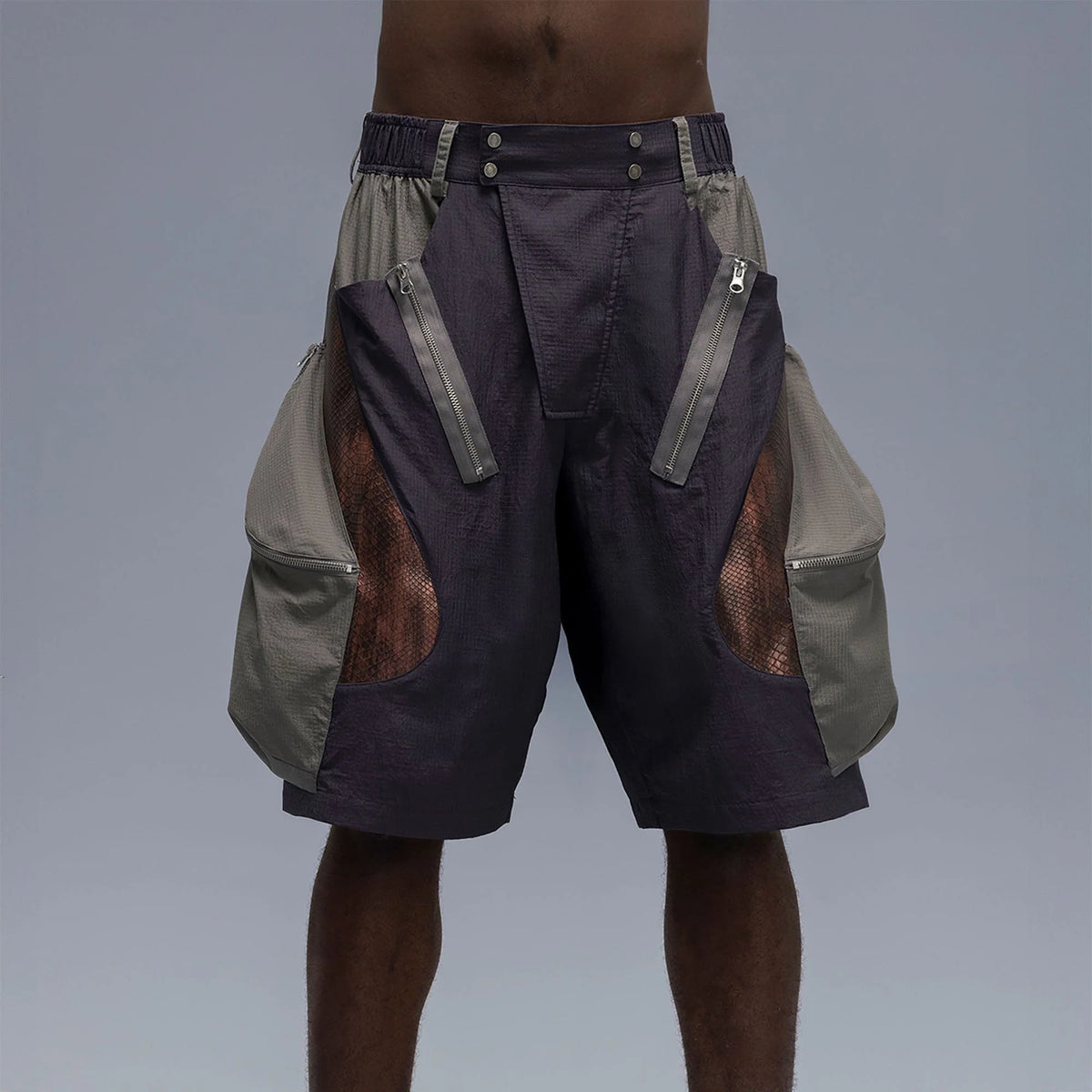 XIPHEVIL Snake Skin Contrast Panel Multi-Pocket Shorts