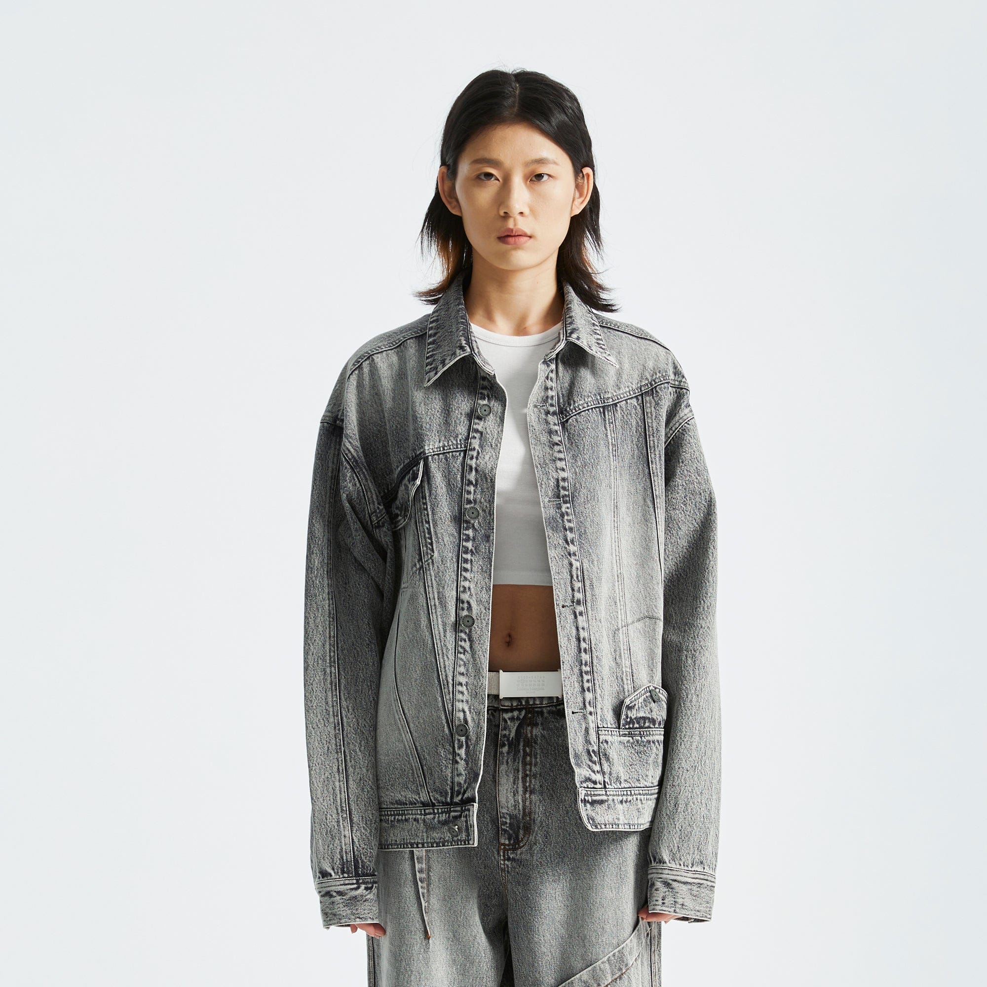 ORGANIC EMOTION Asymmetrical Washed Denim Jacket
