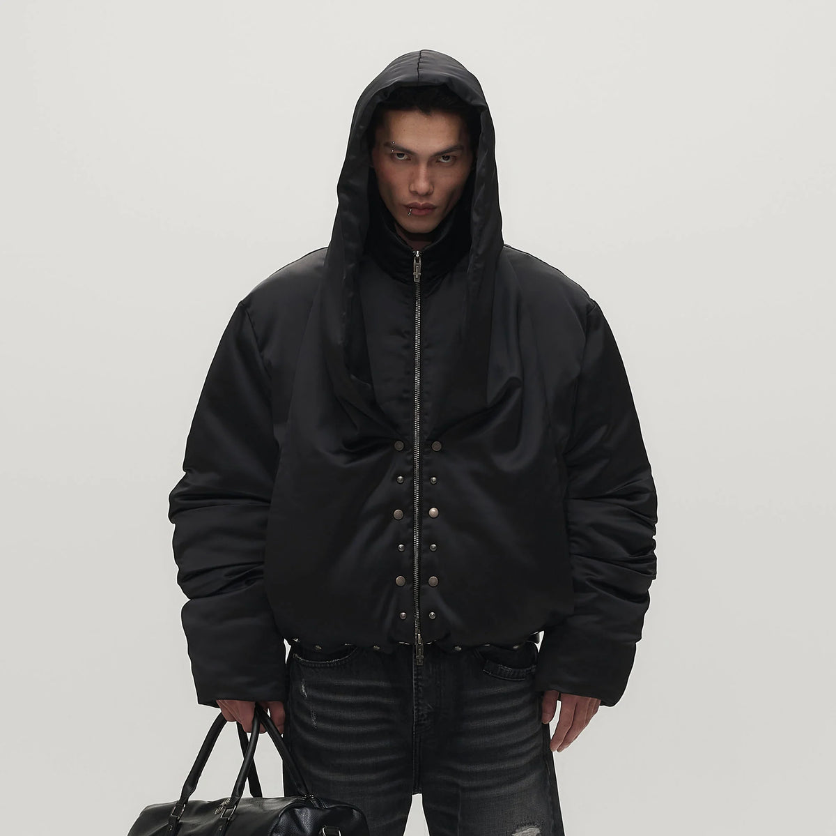 SAVAGEGROWTHWORLD Detachable Hood Satin Oversized Bomber Jacket