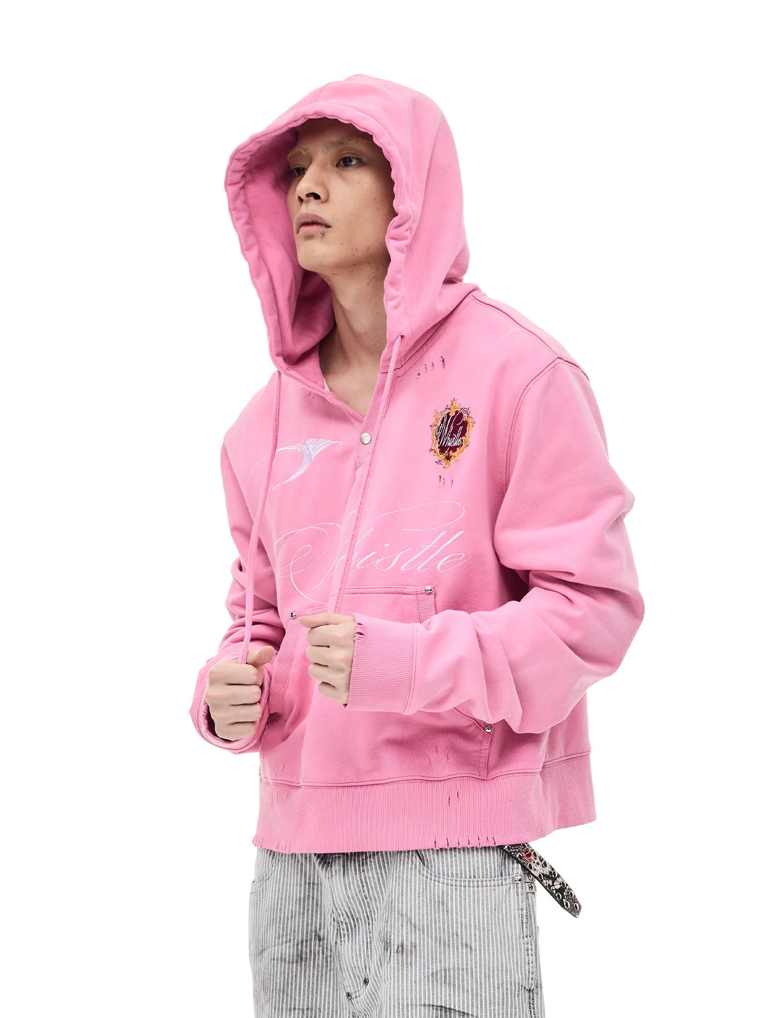 WHISTLEHUNTER Distressed Embroidered V-Neck Hoodie