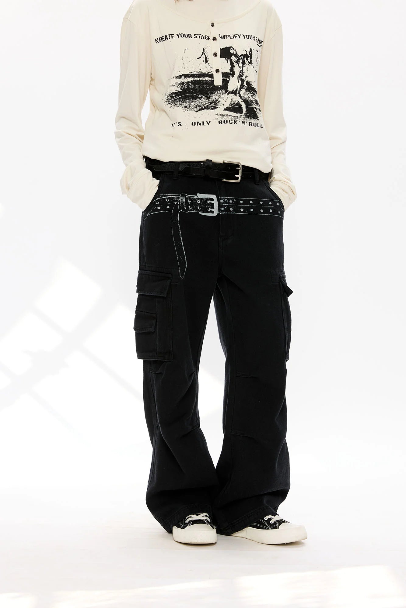KREATE Washed Belt Graphic Crinkled Cargo Pants