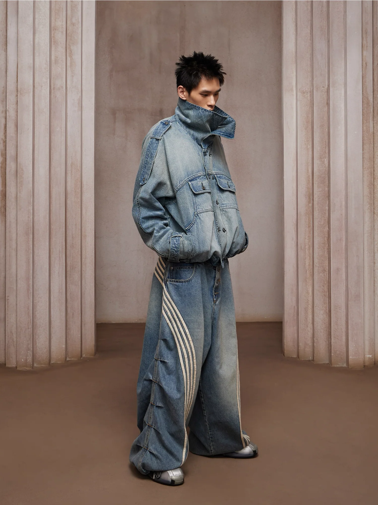 DND4DES Washed Double-Breasted Multi-Pocket Denim Bomber