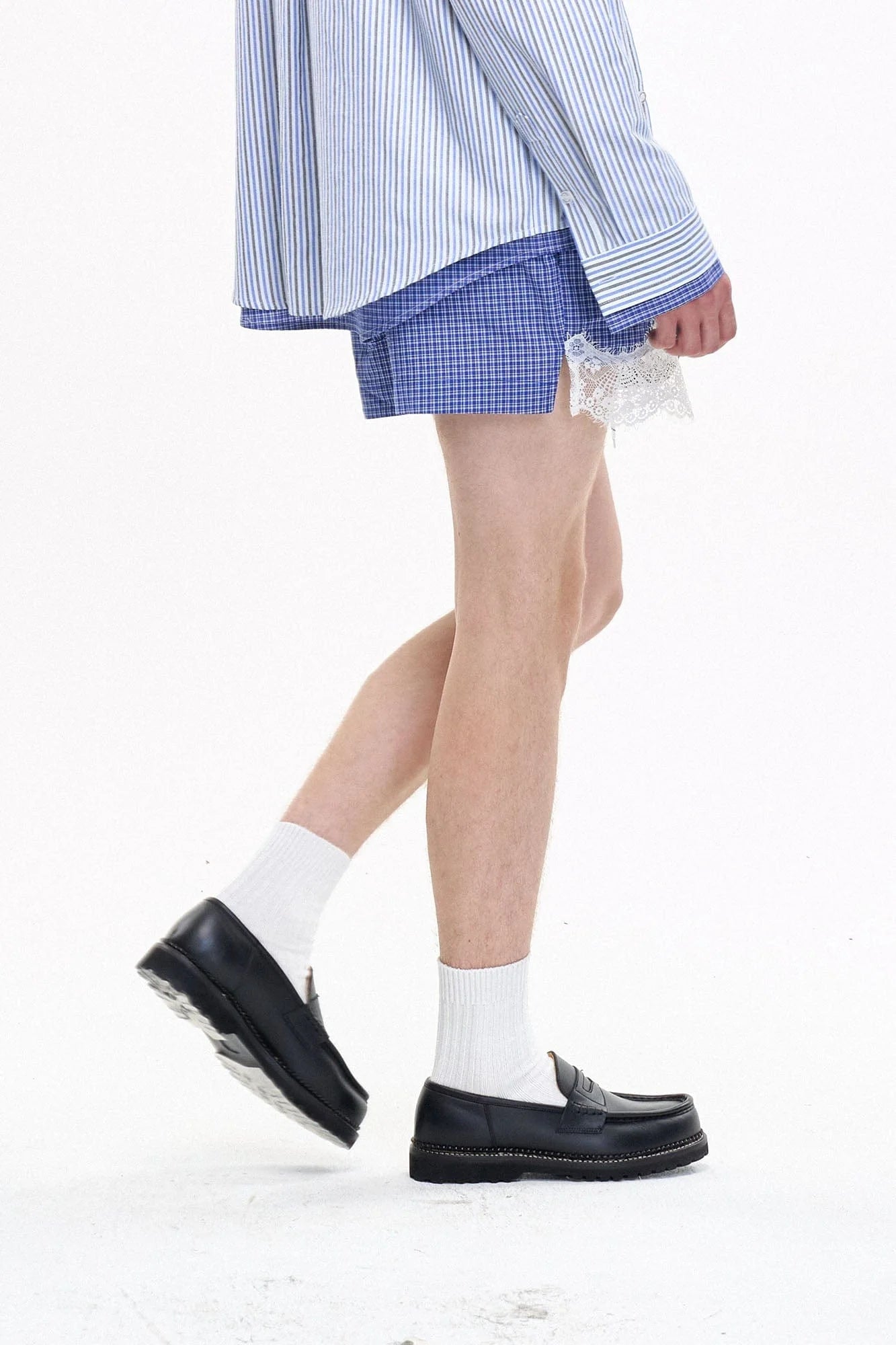 LEONSENSE Plaid Lace Trim Drawstring Shorts