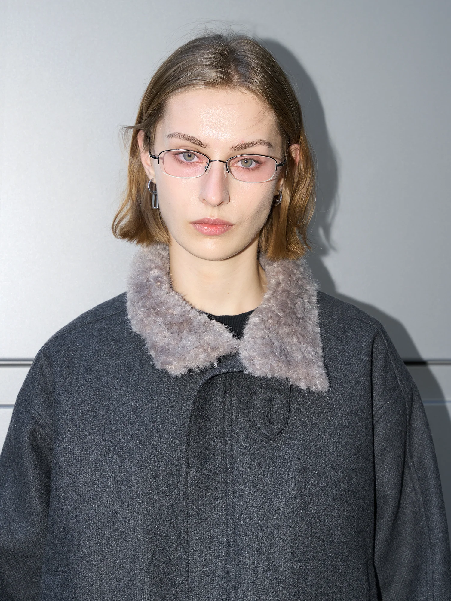 LABELROOM Modern Faux-Fur Collar Wool Jacket Gray