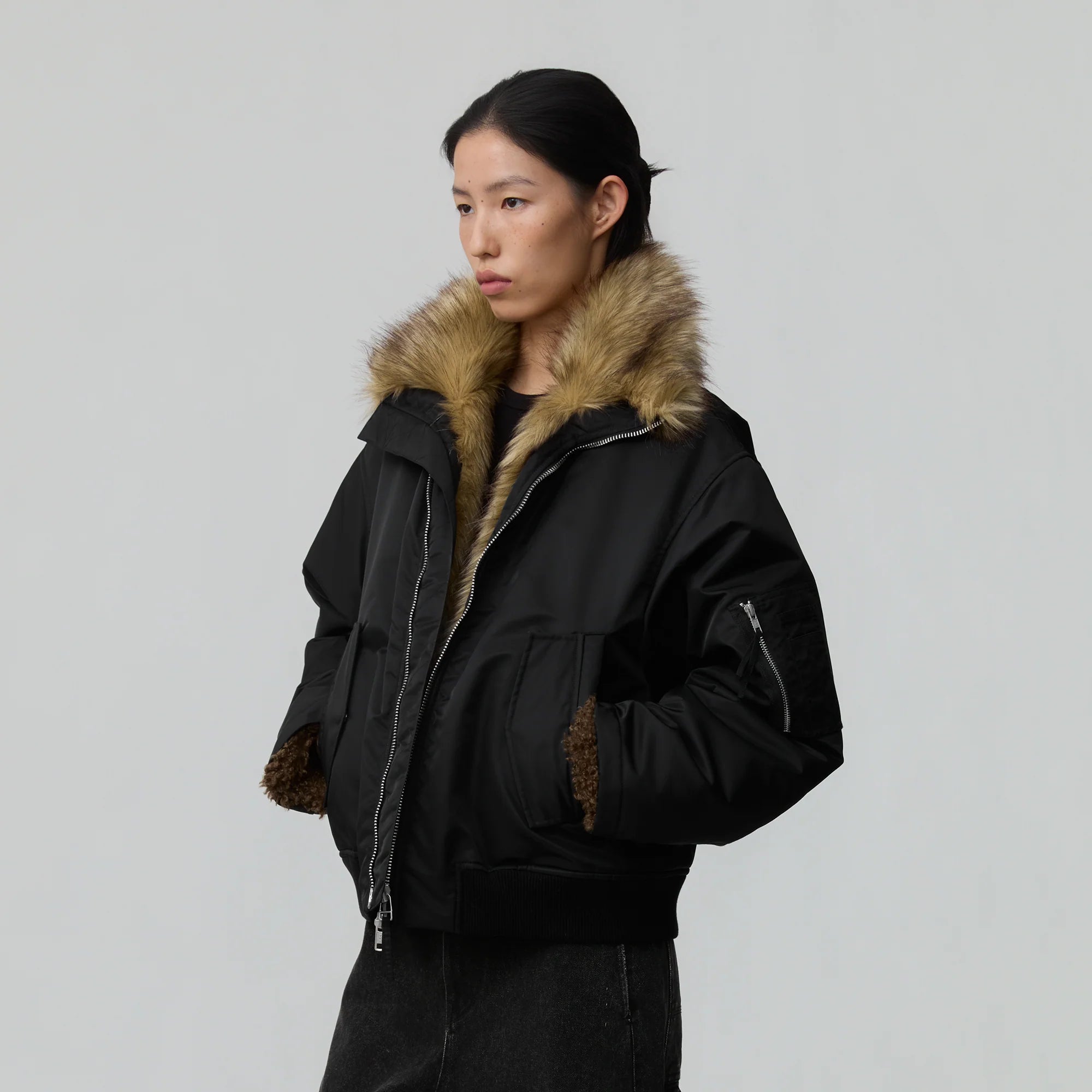 OPICLOTH Faux Fur-Lined Spliced Bomber Jacket