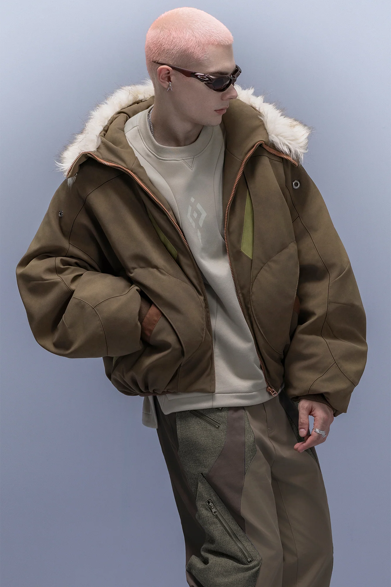 XIPHEVIL Faux Fur Trim Panel Puffer Jacket