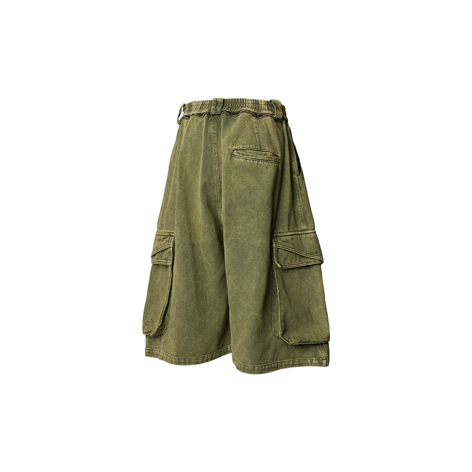 RELABEL Detachable Scarf Washed Multi-Pocket Wide-Leg Shorts Green