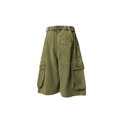 RELABEL Detachable Scarf Washed Multi-Pocket Wide-Leg Shorts Green