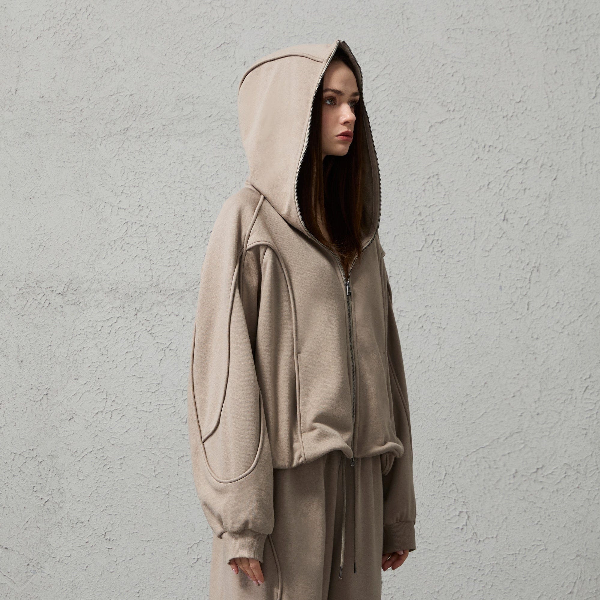 ORGANIC EMOTION Curved Panel Drawstring-Hem Zip-Up Hoodie
