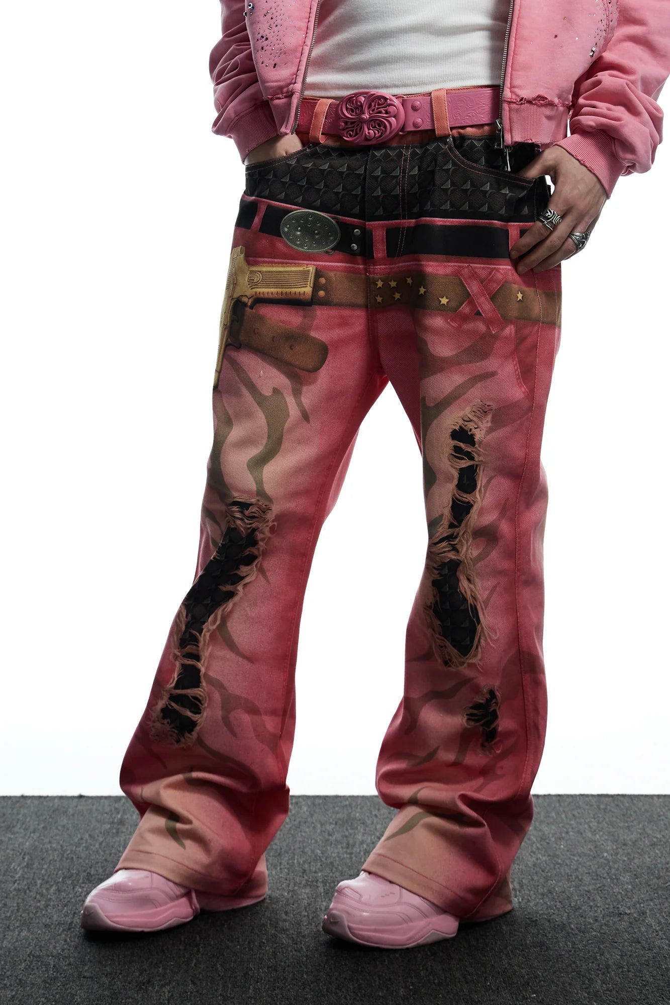 DND4DES Distressed Print Double-Waist Flare Jeans Pink