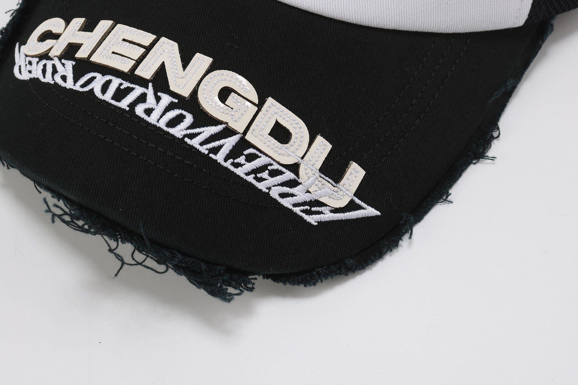 FVVO Panda Patchwork Frayed Mesh Cap