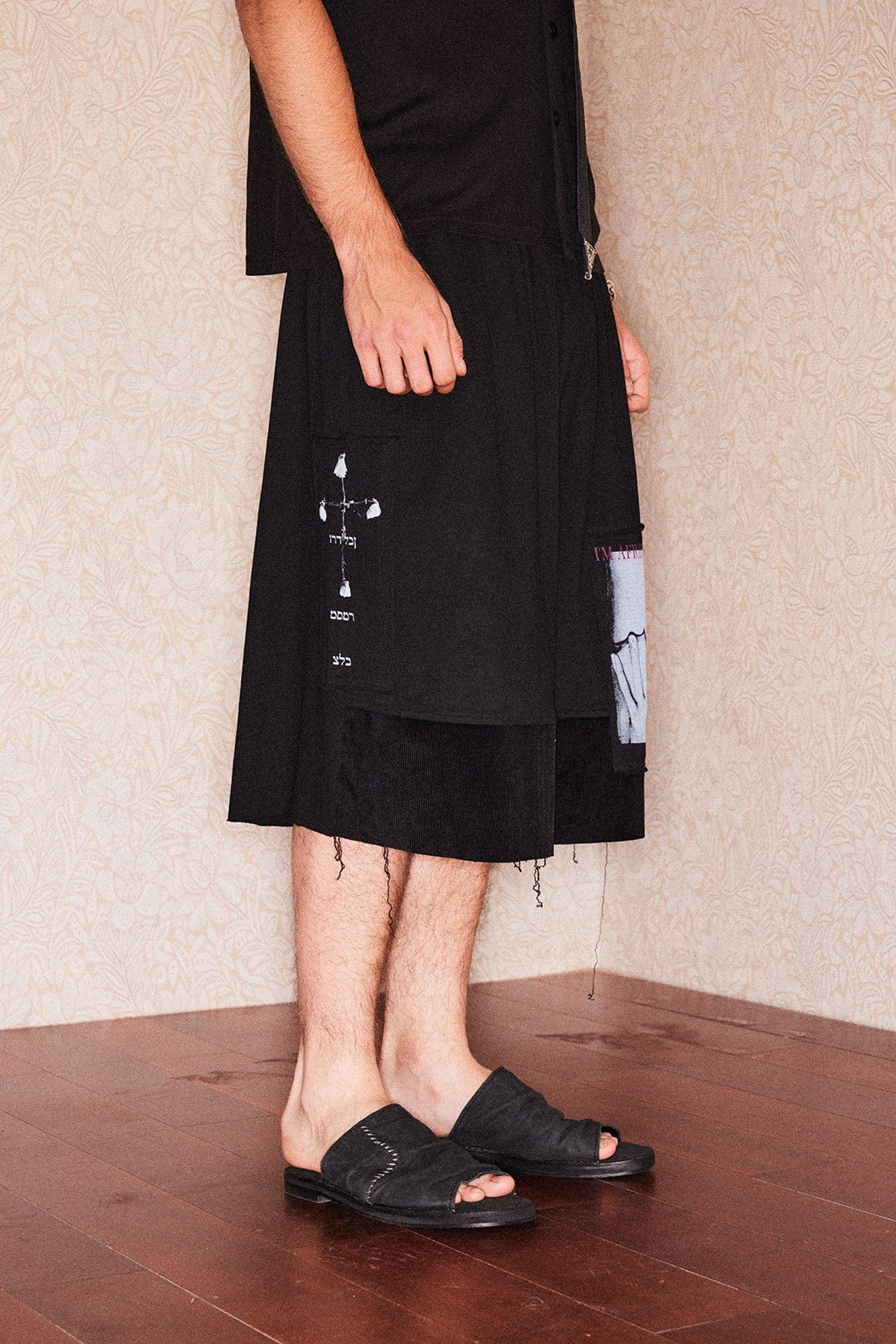 RICHILL Graphic Patchwork Raw Hem Drawstring Shorts