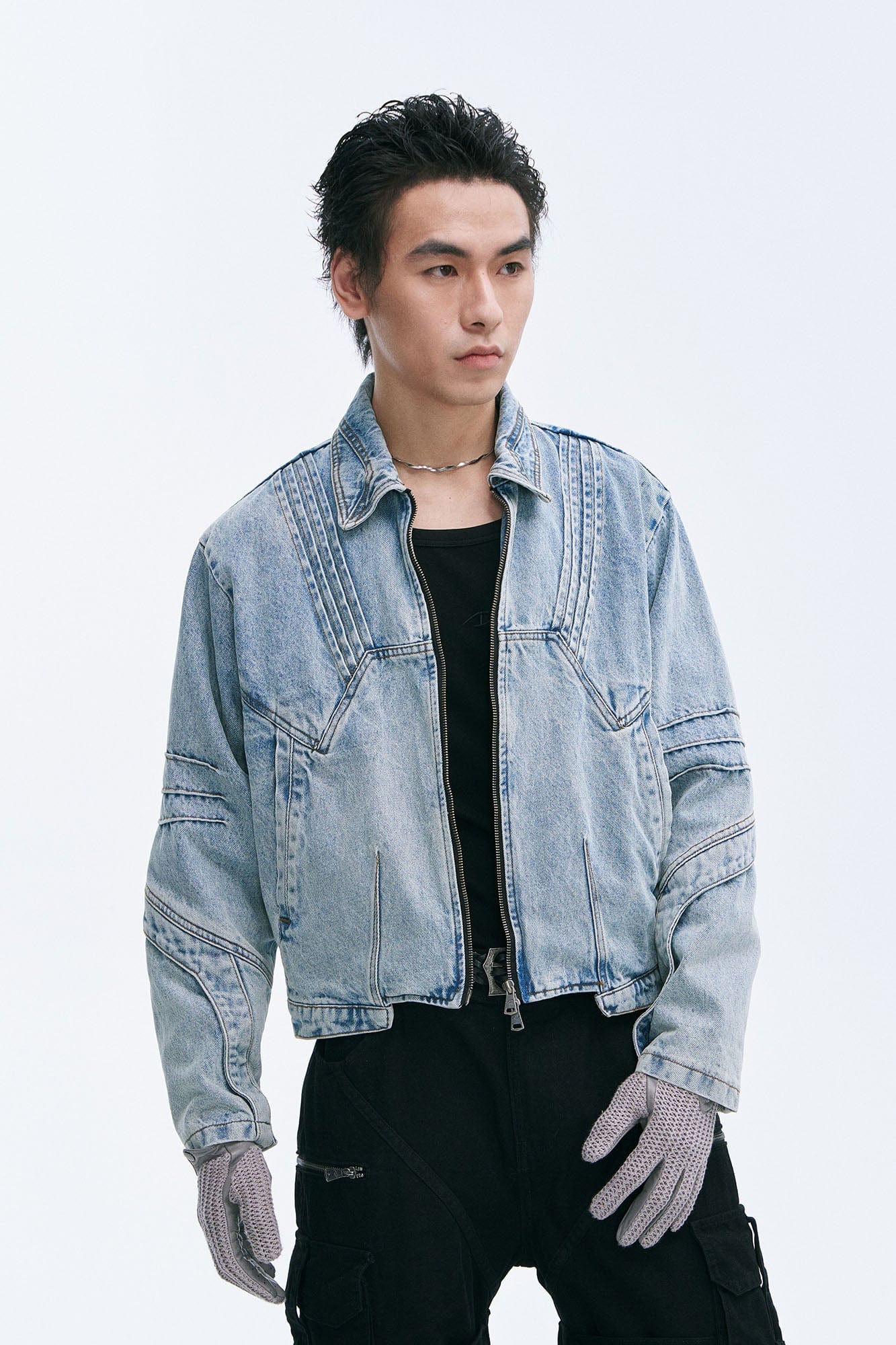 CATSSTAC Washed Paneled Seam Denim Jacket