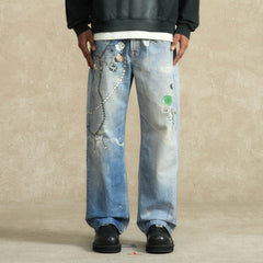 BONELESS Retro Chain Graphic Washed Jeans