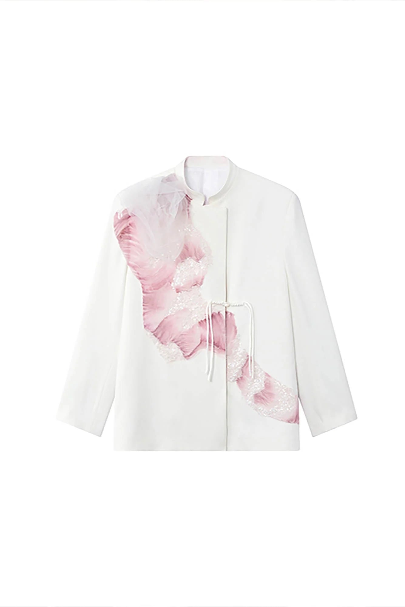 JIECHI Asymmetrical Ruffled Tulle Embellished Blazer