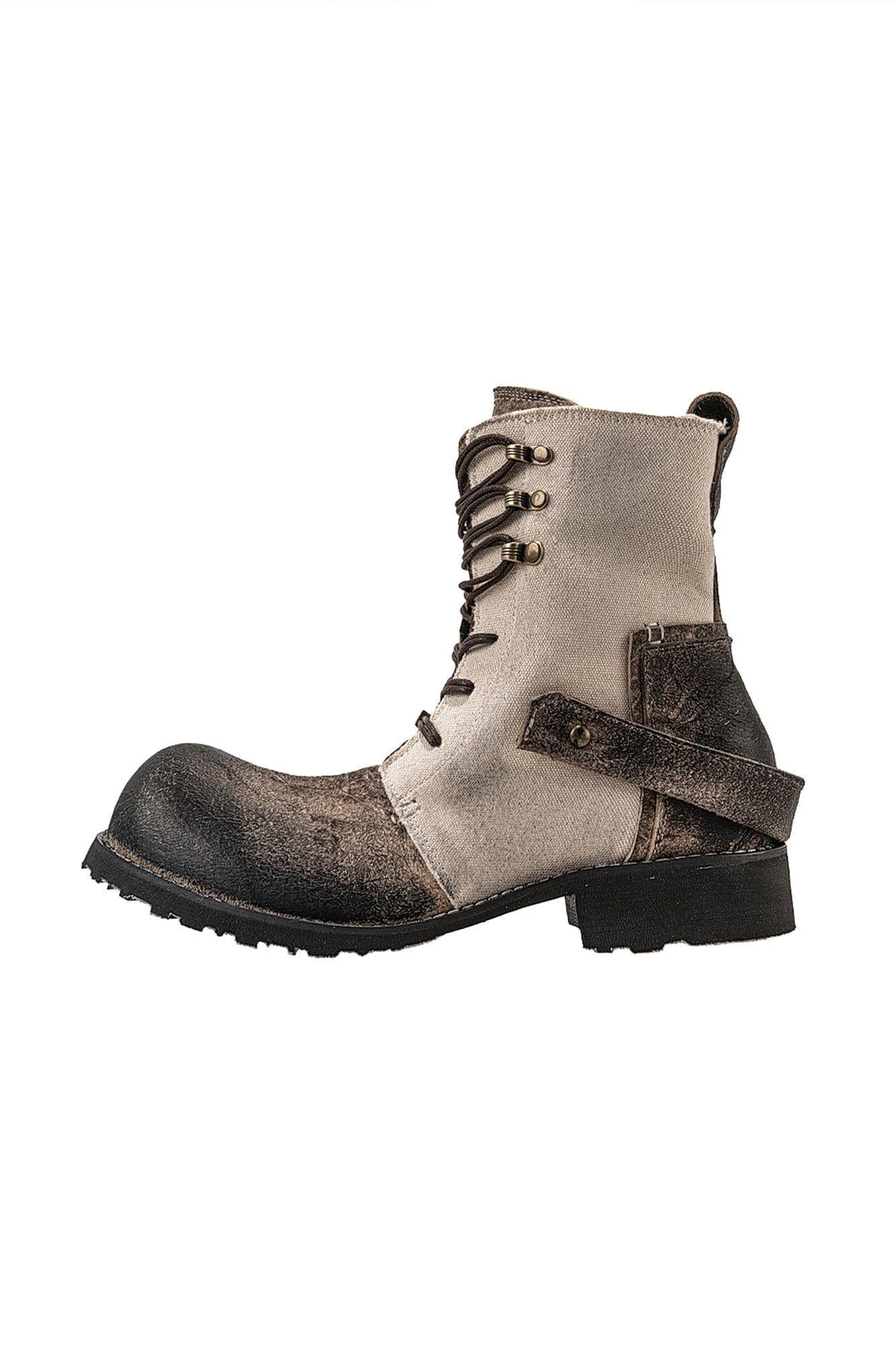 REWRITE Distressed Contrast Canvas-Leather Combat Boots