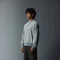 WHISTLEHUNTER Asymmetrical Zipper Rivet Mock Neck Light Sweatshirt