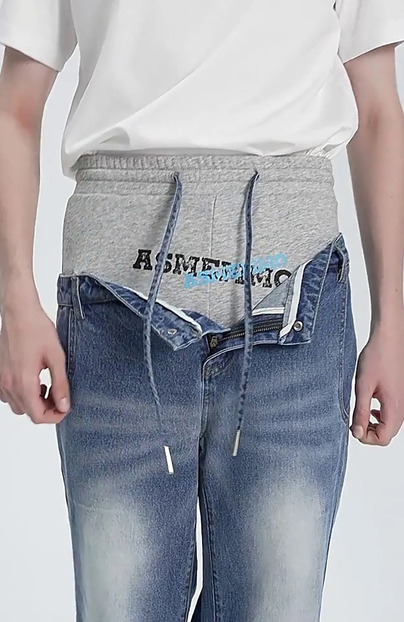 TIWILLTANG Layered Sweatband Washed Denim Pants