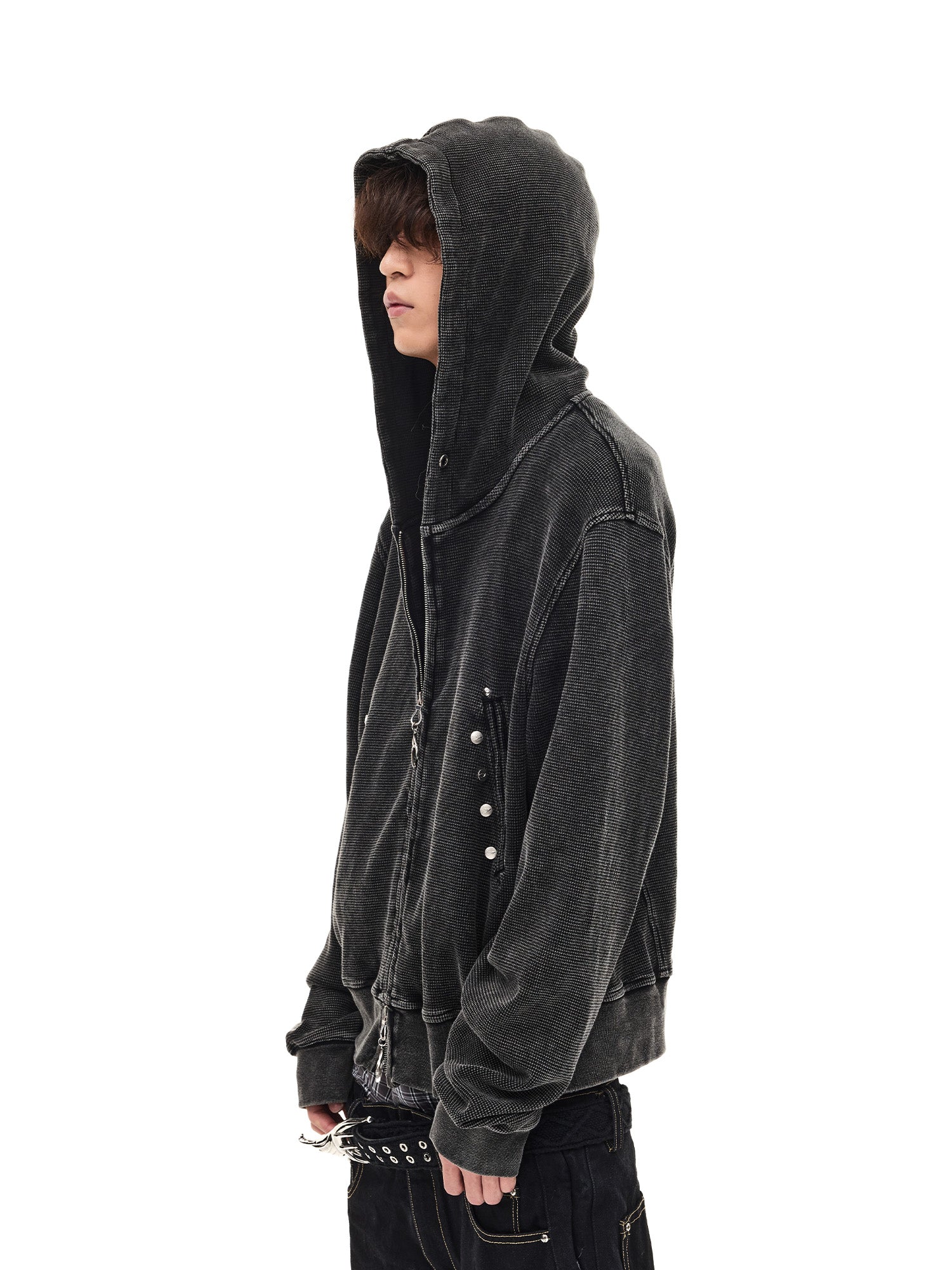WHISTLEHUNTER Washed Waffle Studded Zip-Up Hoodie
