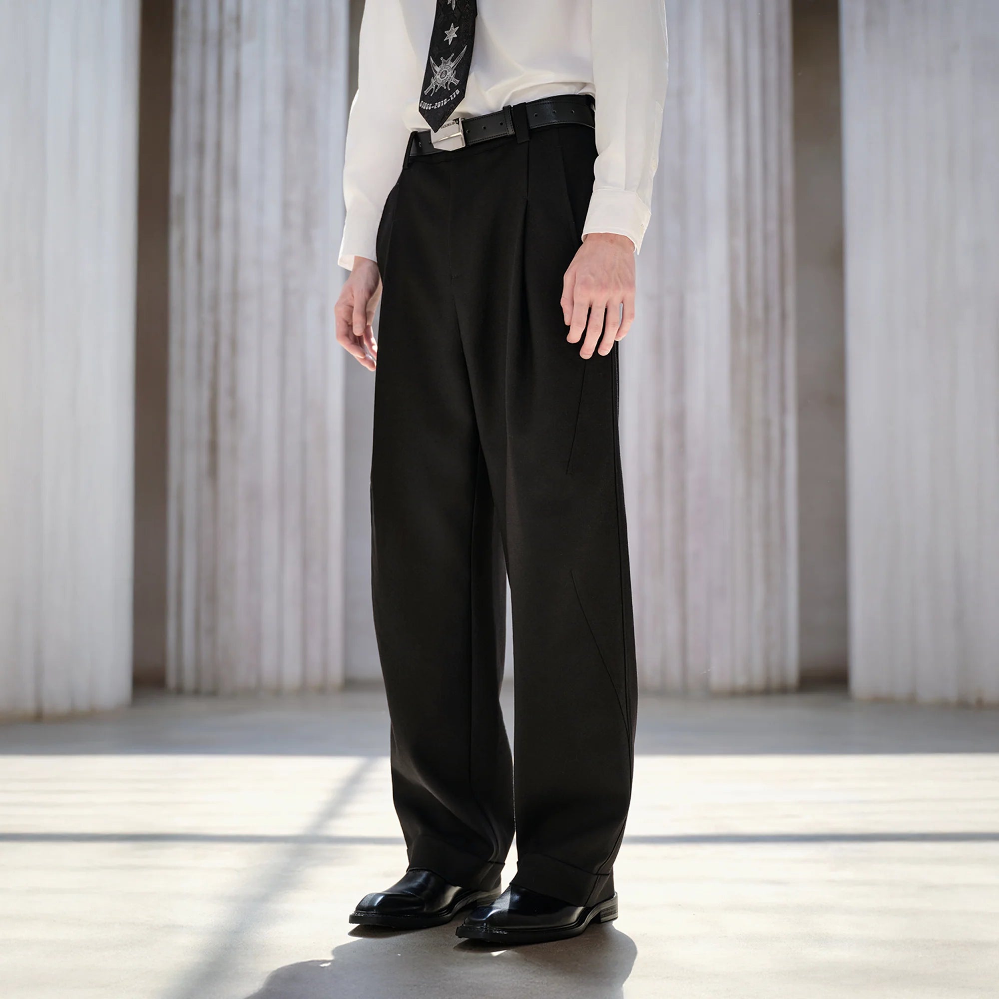 FACEONLAB Classic Wool Pleated Tailored Trousers Black