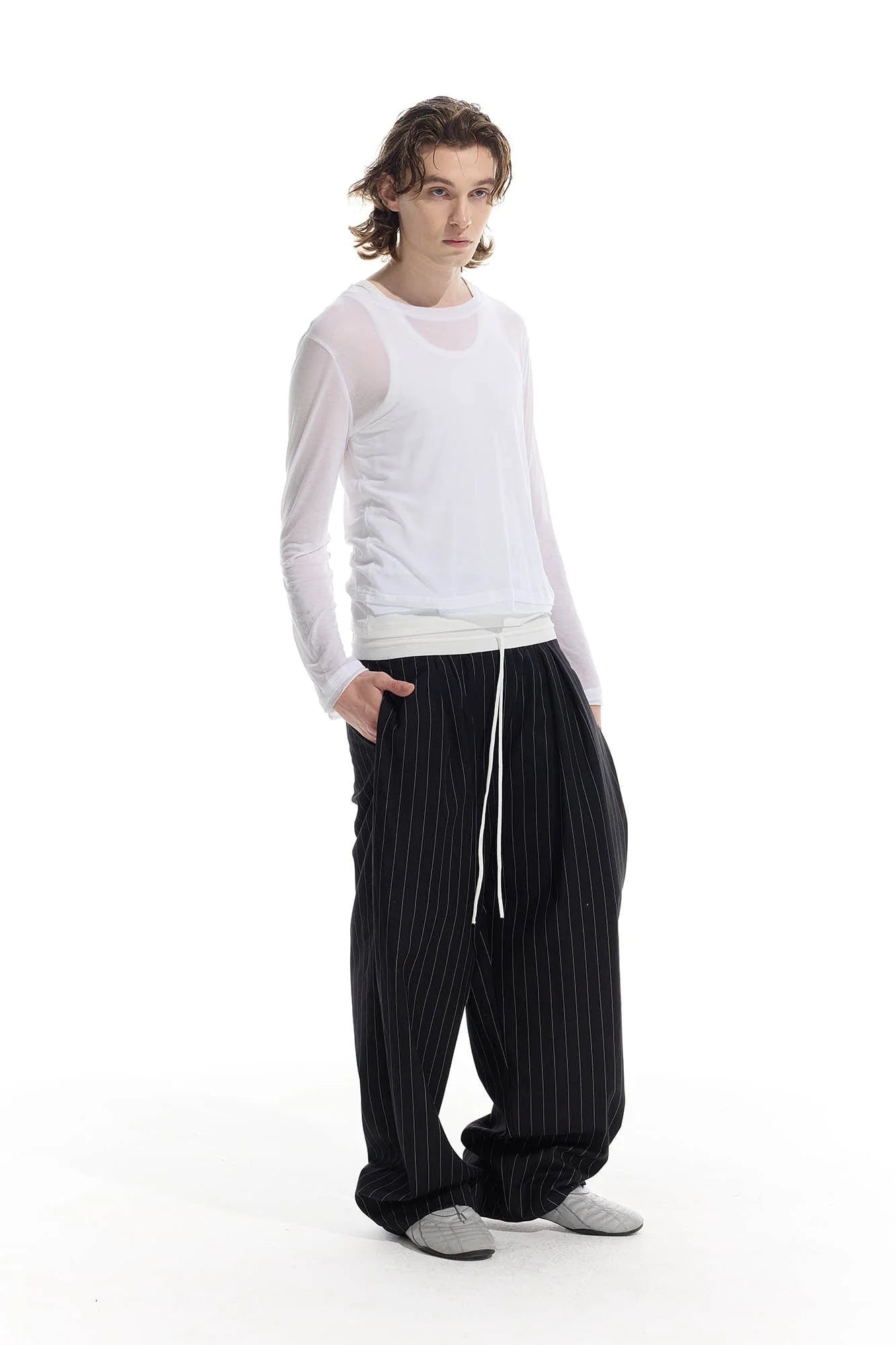 WHISTLEHUNTER Pinstriped Pleated Drawstring Wide-Leg Pants