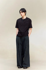ALVNG AR ANTS Slash Pleated Shoulder Spliced Henley T-Shirt