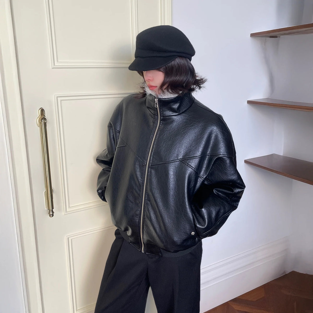 OKAYTHXBYE Faux Leather Fur-Lined Bomber