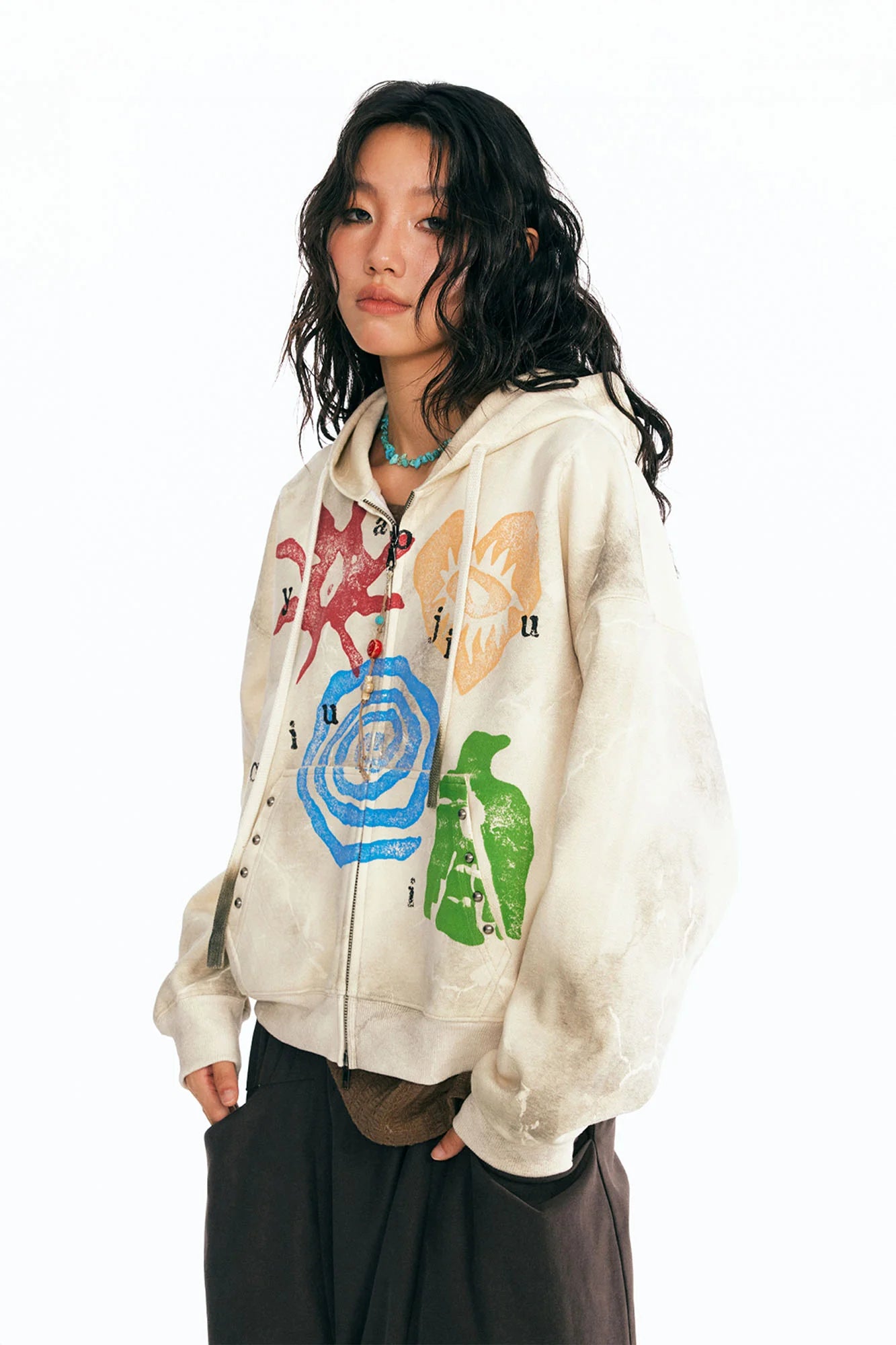 1997 POSTOFFICE Distressed Tribal Graphics Zip- Up Hoodie