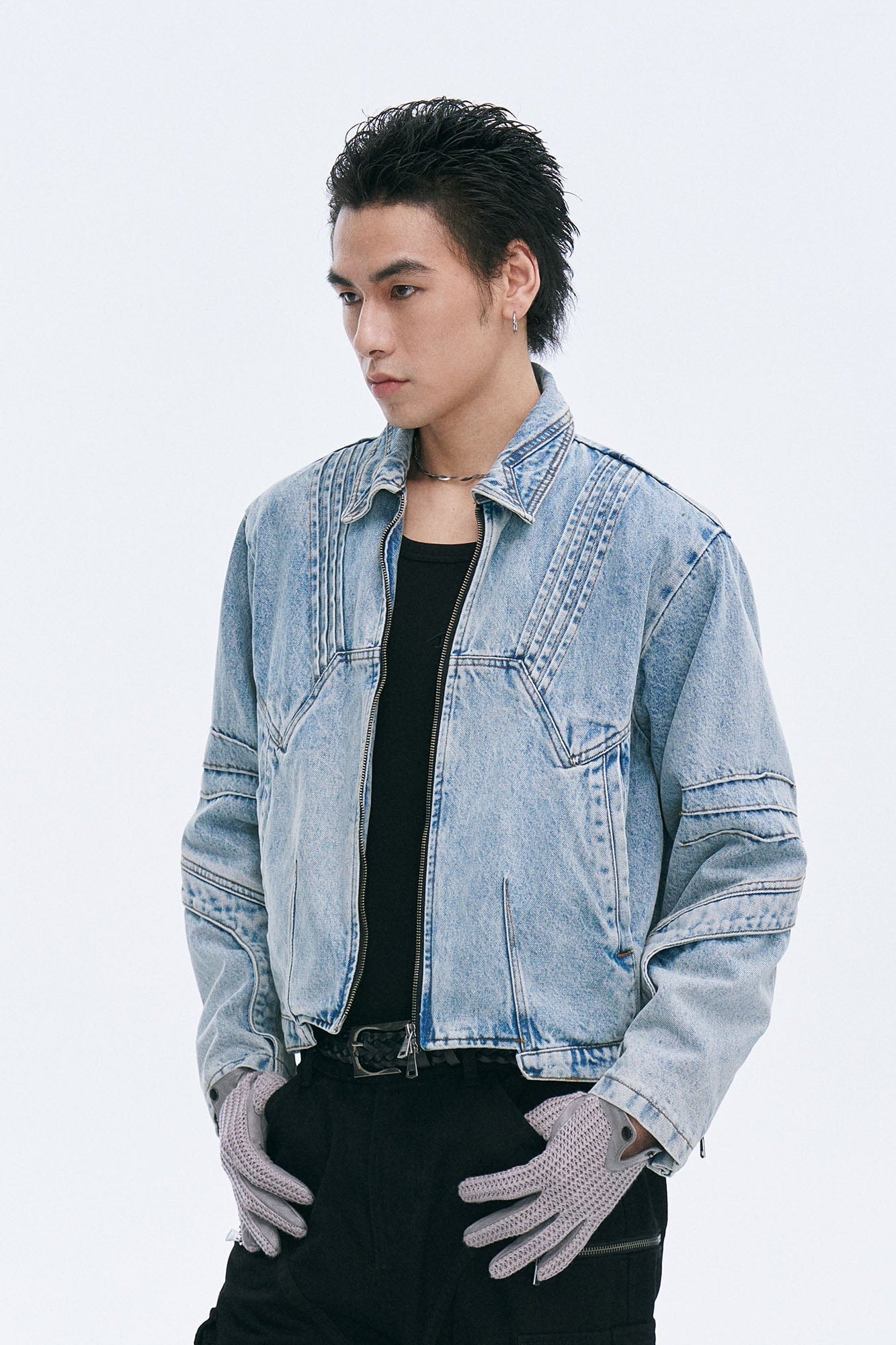 CATSSTAC Washed Paneled Seam Denim Jacket