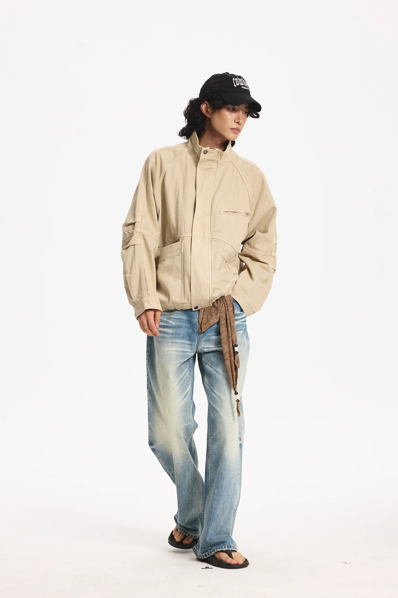 LEONSENSE Utility Raglan Stand-Collar Denim Jacket