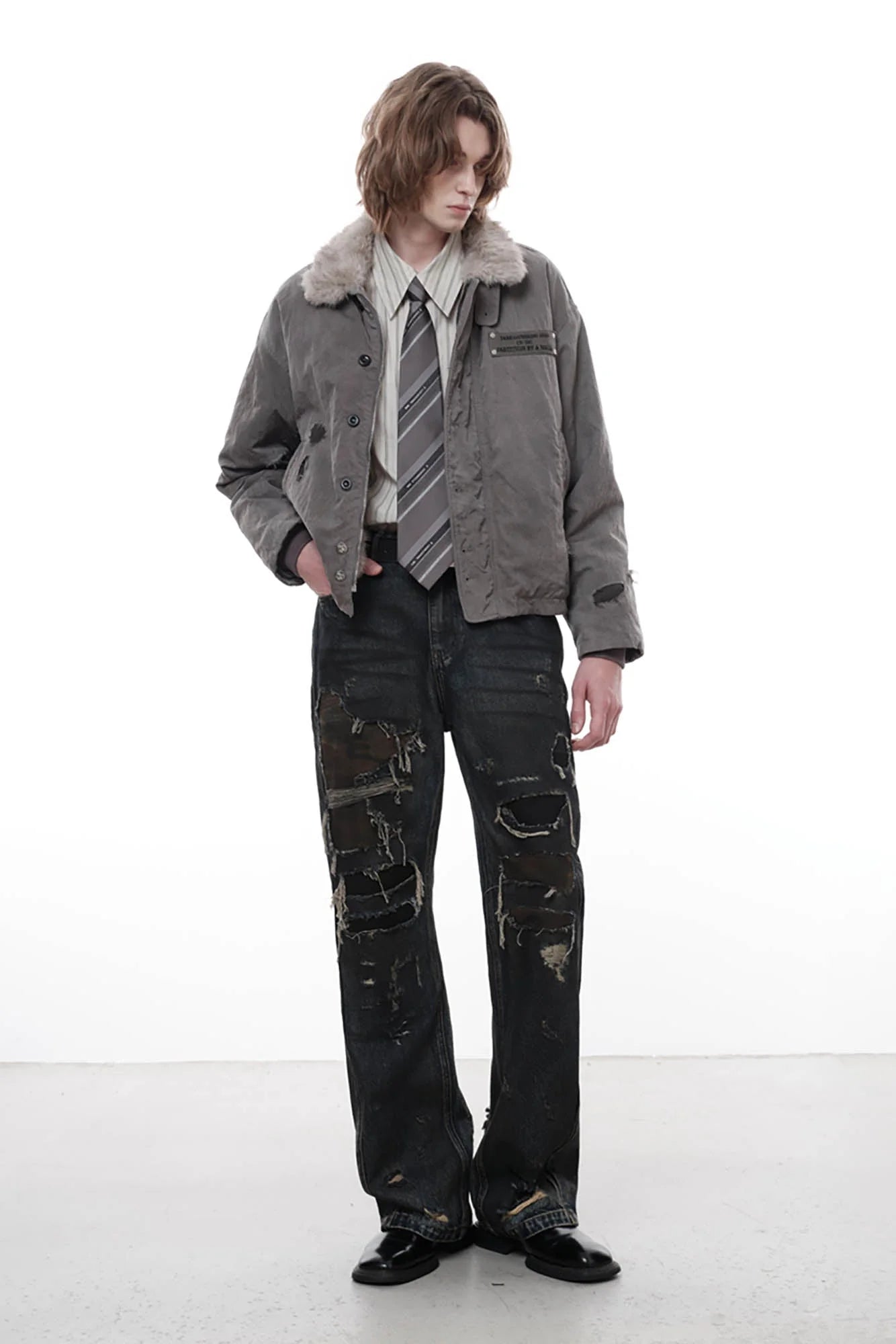 FACEONLAB Distressed Heavy Ripped Flared Jeans
